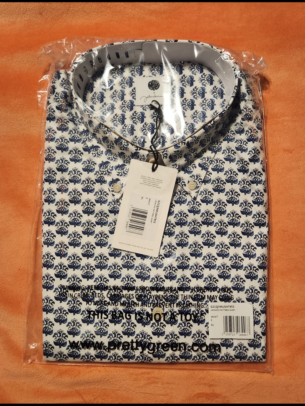 Pretty Green x John Lennon Men's Blue and White Patterned Dress Shirt XL